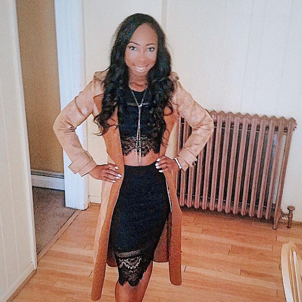 Express black lace lined crop top skirt set